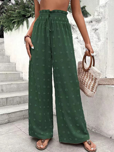 High Waisted Loose Drawstring Elasticity Jacquard Solid Color Pants Trousers