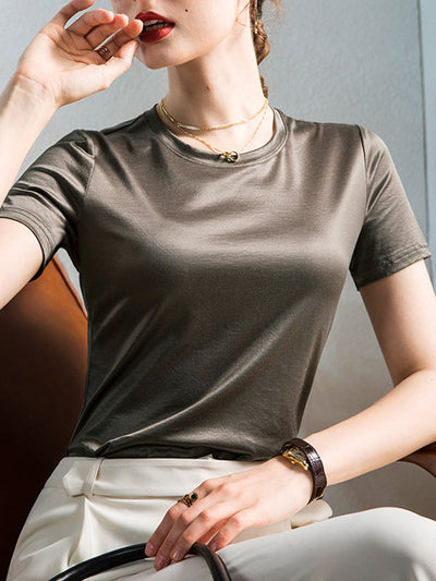 Loose Short Sleeves Shiny Solid Color Round-Neck T-Shirts Tops