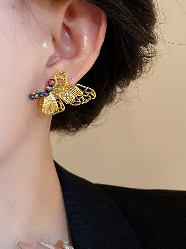 Butterfly Shape Rhine Stones Drop Earrings