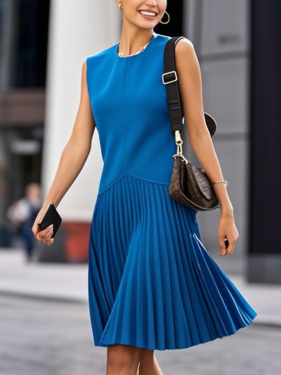 Loose Sleeveless Pleated Solid Color Split-Joint Round-Neck Midi Dresses