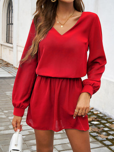 A-Line High Waisted Elasticity Pleated Solid Color V-Neck Mini Dresses