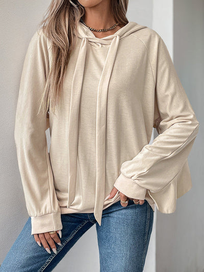 Long Sleeves Loose Drawstring Ruffle Trim Solid Color Split-Joint Hoodies Tops