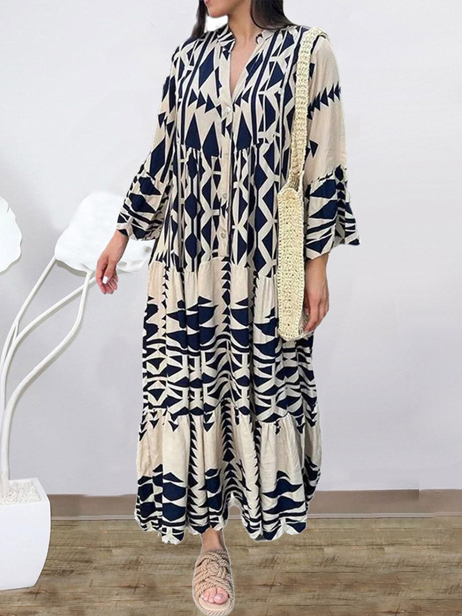 A-Line Long Sleeves Buttoned Contrast Color Pleated Printed Split-Joint Stand Collar Maxi Dresses Shirt Dress