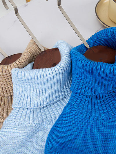 High-Low Long Sleeves Solid Color Split-Joint High Neck Sweater Tops