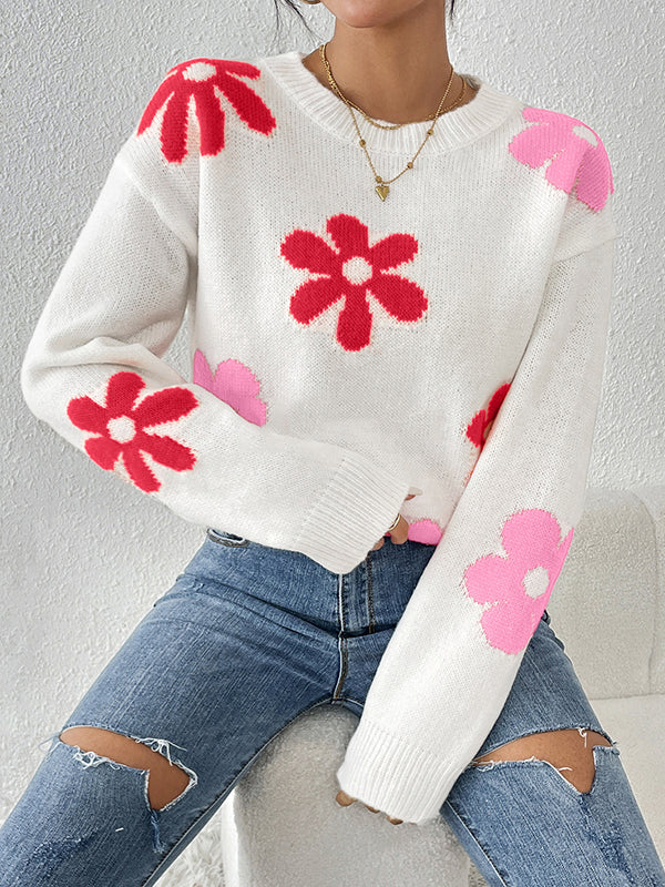 Long Sleeves Loose Contrast Color Flower Print Round-Neck Sweater Tops