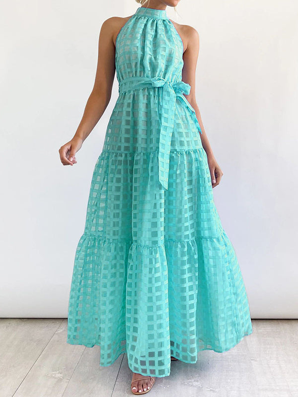 Loose Sleeveless Plaid Ribbed Stand Collar Maxi Dresses