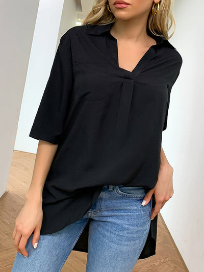Half Sleeves Loose Pleated Solid Color Split-Joint Split-Side Lapel Blouses&Shirts Tops