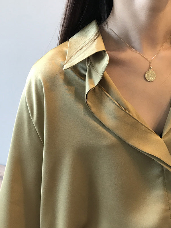 Satin V-Neck Loose Solid Color High-Low Long Sleeve Shirts