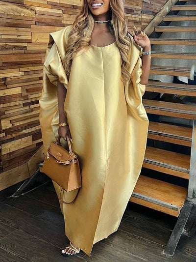 Half Sleeves Loose Elasticity Pleated Solid Color Split-Front V-Neck Maxi Dresses