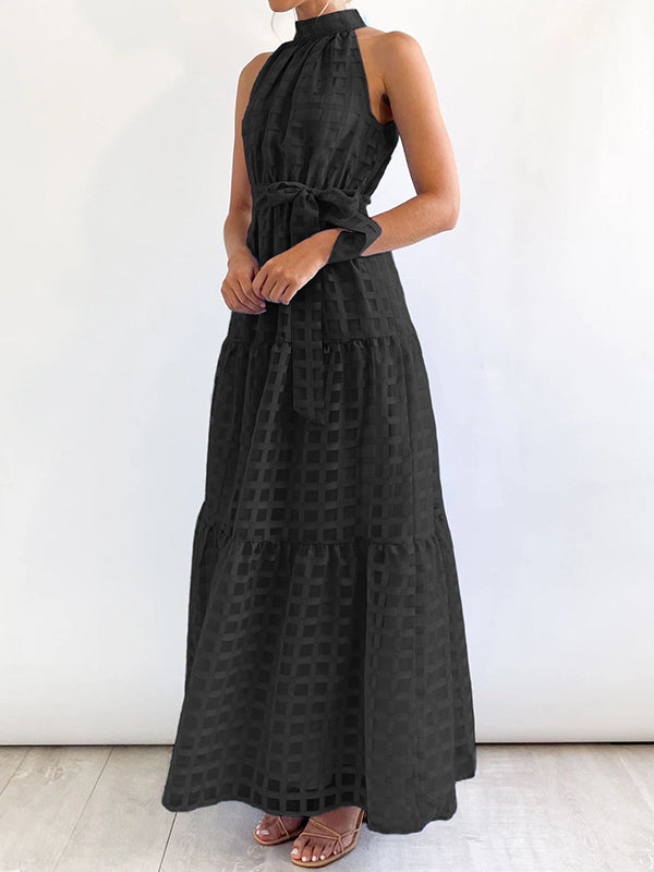 Loose Sleeveless Plaid Ribbed Stand Collar Maxi Dresses
