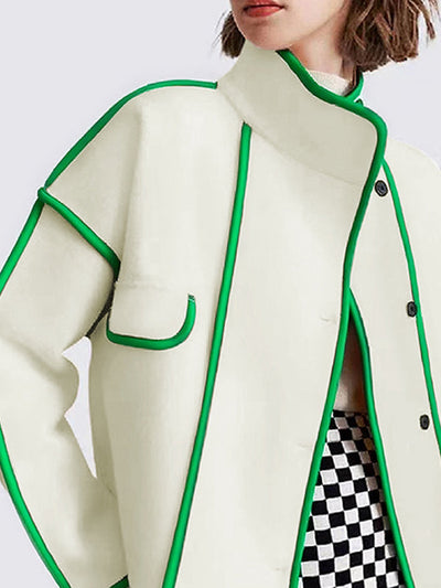 Long Sleeves Loose Buttoned Contrast Color Pockets Split-Joint Stand Collar Woolen Coat