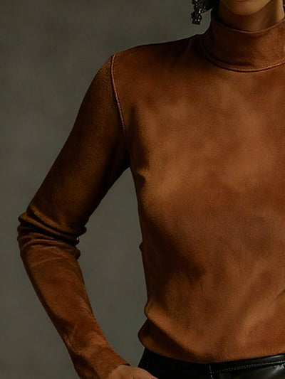 Long Sleeves Solid Color Split-Joint Mock Neck T-Shirts Tops