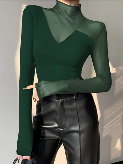 Long Sleeves Skinny Asymmetric Solid Color Split-Joint High Neck T-Shirts Tops