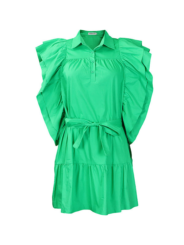A-Line High Waisted Buttoned Pleated Ruffled Solid Color Tied Waist Lapel Mini Dresses