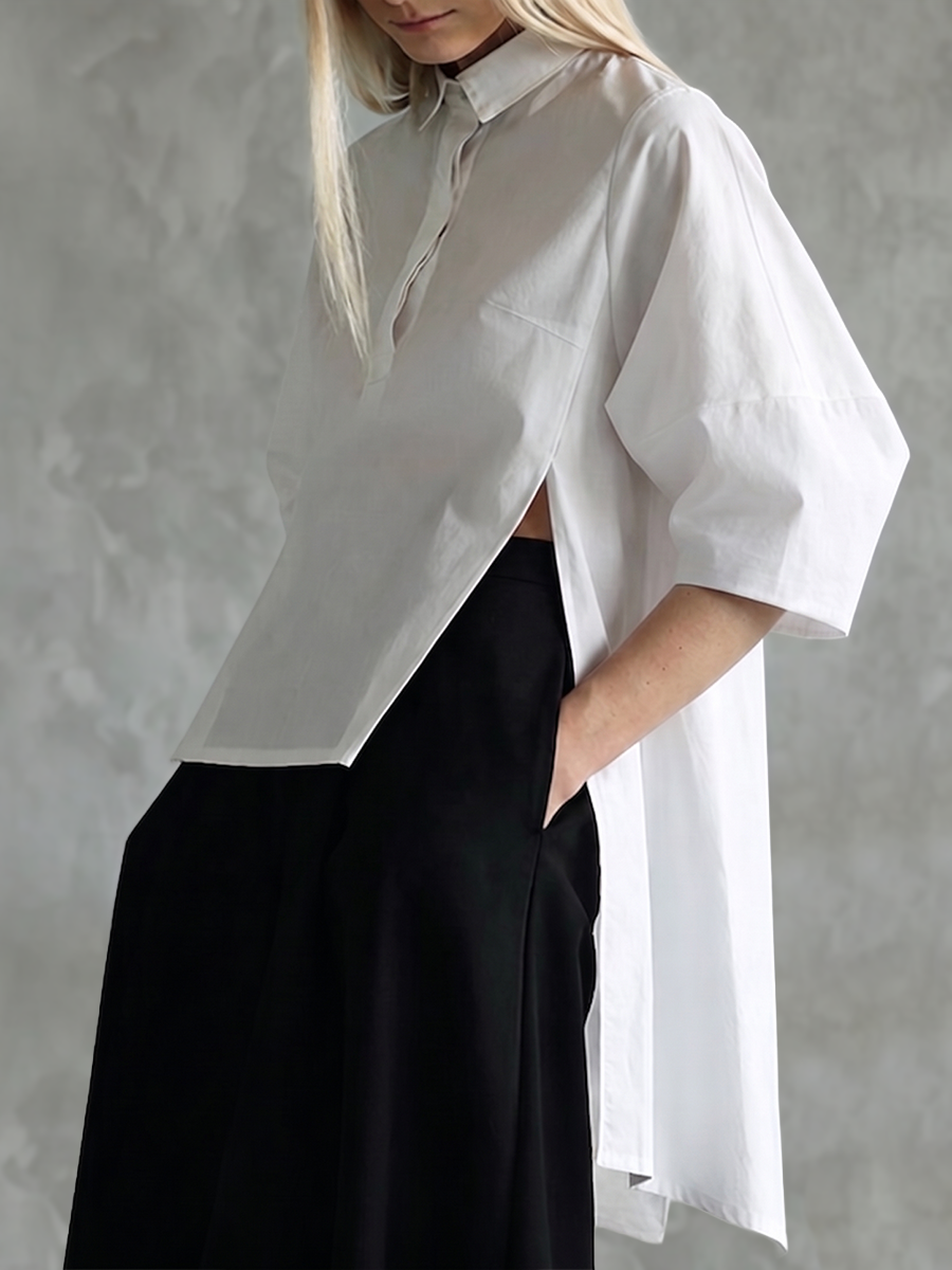 Half Sleeves High-Low Buttoned Solid Color Split-Joint Lapel Blouses&Shirts Tops