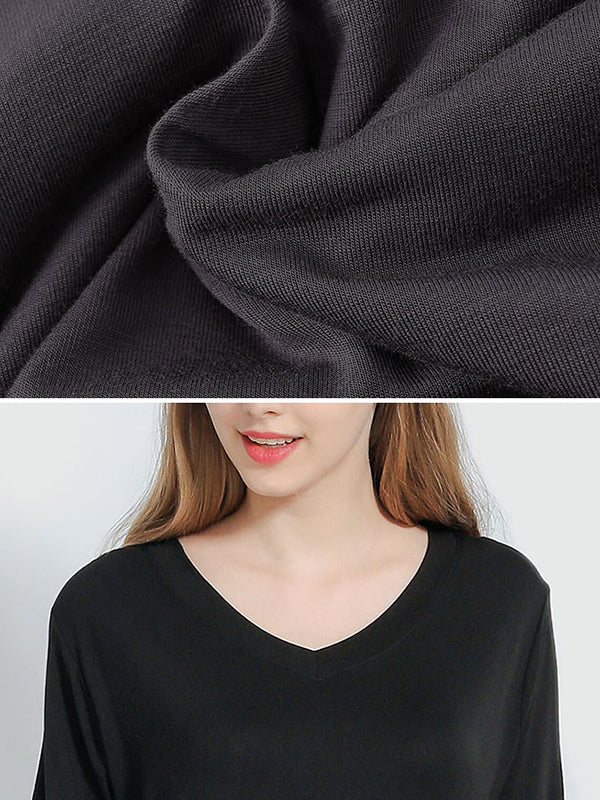 Simple Short Sleeves Loose Split-Side Solid Color V-Neck Pajamas Dress