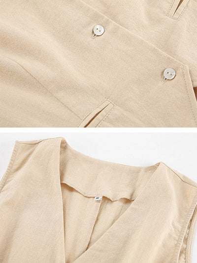 Loose Solid Color Split-Joint V-Neck Top+ Pleated High Waisted Vest Top + Pants Bottom Two Pieces Set