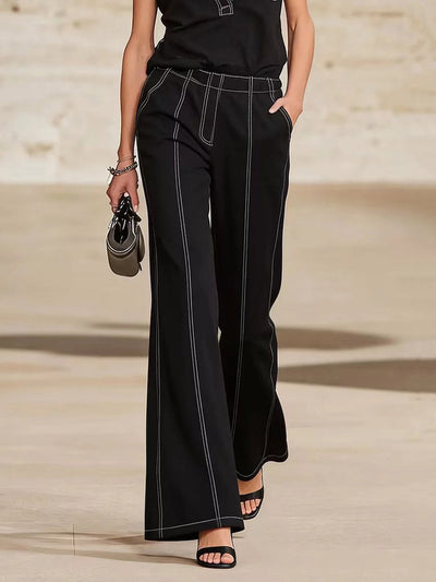 High Waisted Wide Leg Line Pockets Solid Color Pants Trousers
