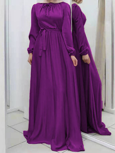 Long Sleeves Loose Pleated Solid Color Tied Waist Maxi Dresses