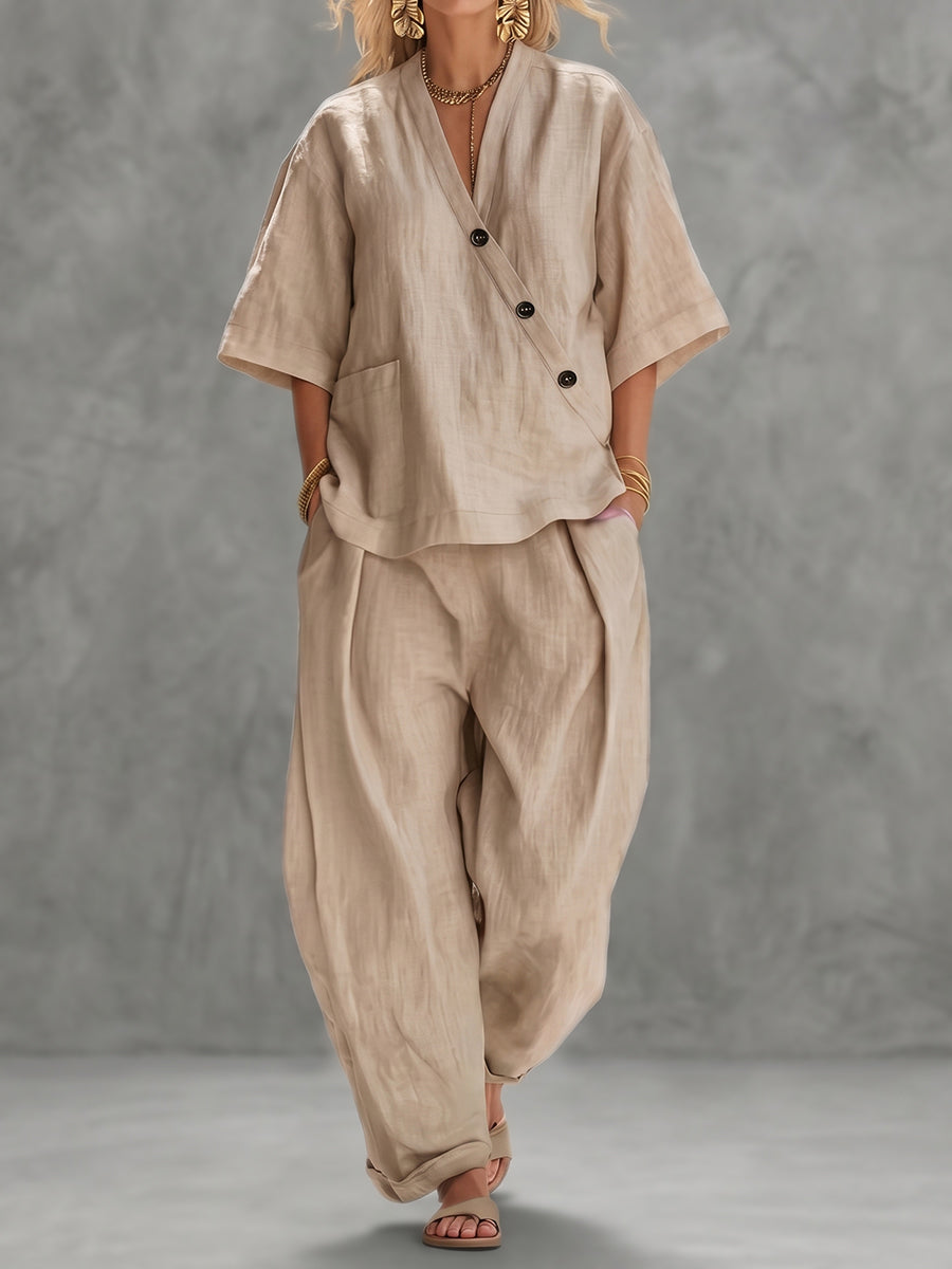 Loose Solid Color V-Neck Asymmetric Buttoned Blouses&Shirts Tops + High Waisted Pockets Pants Trousers Two Pieces Set