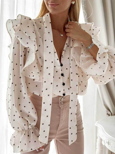 Flared Sleeves Long Sleeves Buttoned Contrast Color Elasticity Polka-Dot Ruffled Split-Joint Lapel Blouses&Shirts Tops