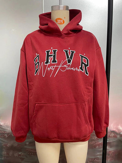 Long Sleeves Loose Keep Warm Letter Print Velvet Hooded Hoodies Tops