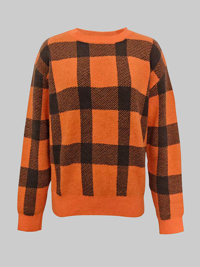 Long Sleeves Contrast Color Plaid Mock Neck Sweater Tops