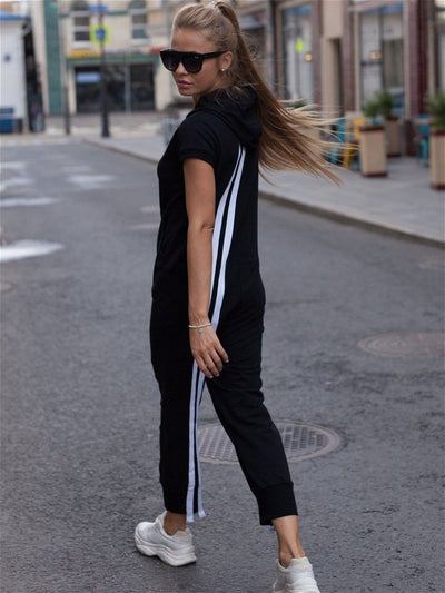 Fashion Stripes Zipper Hooded Jumpsuits