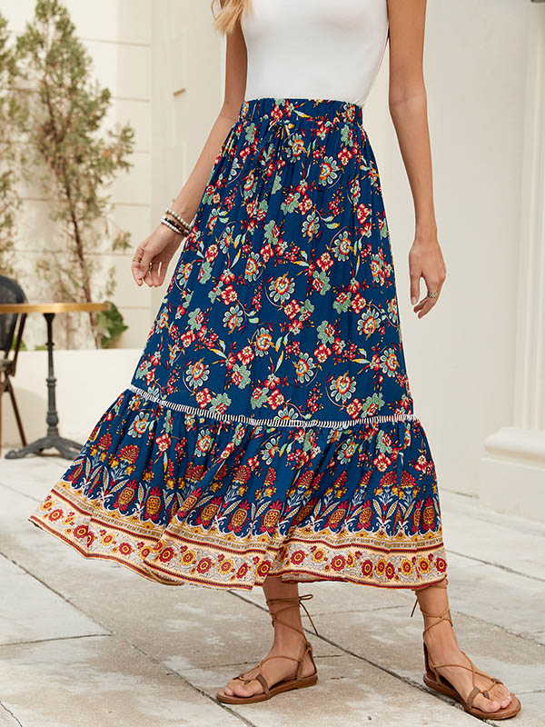 Loose Elasticity Flower Print Pleated Split-Joint Skirts Bottoms