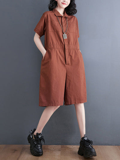 Simple Solid Color Lapel Short Sleeve Jumpsuits