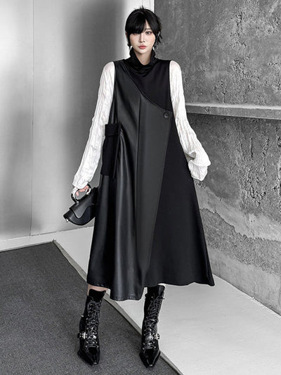 Irregularity Loose Asymmetric Buttoned Solid Color Split-Joint High Neck Midi Dresses