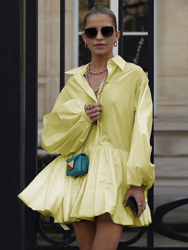Puff Sleeves Buttoned Solid Color Split-Joint Lapel Mini Dresses Shirt Dress