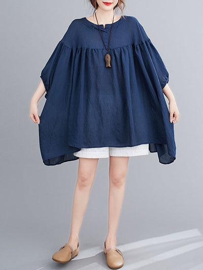 Half Sleeves Loose Pleated See-Through Solid Color Round-Neck Blouses&Shirts Tops
