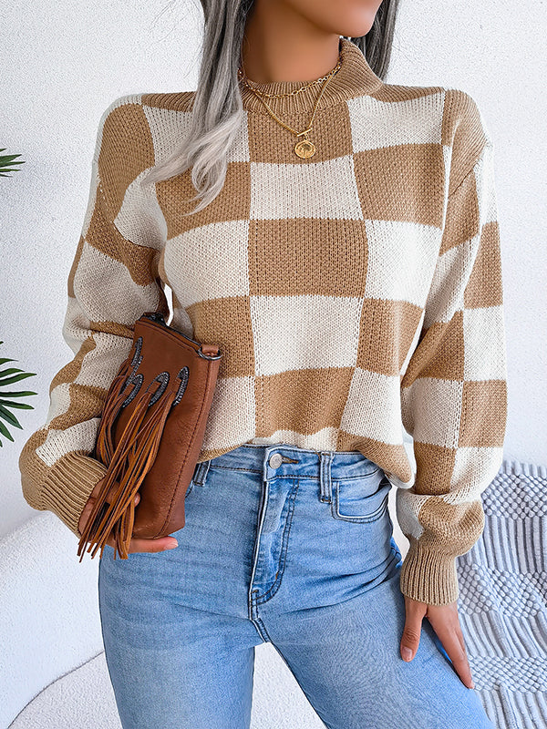 Long Sleeves Loose Contrast Color Plaid Round-Neck Sweater Tops