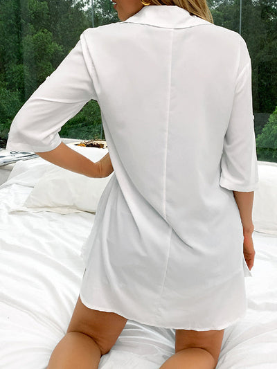 Half Sleeves Loose Pleated Solid Color Split-Joint Split-Side Lapel Blouses&Shirts Tops