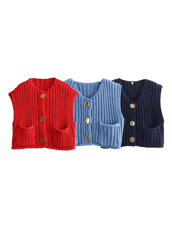 Loose Sleeveless Buttoned Pockets V-Neck Vest Outerwear