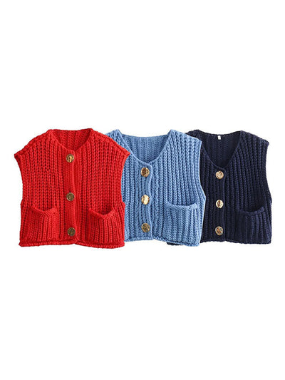 Loose Sleeveless Buttoned Pockets V-Neck Vest Outerwear