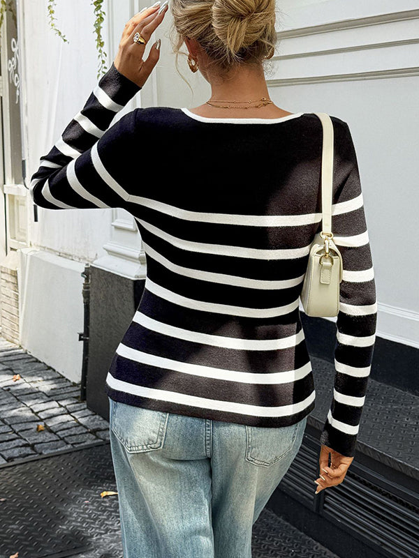 Long Sleeves Skinny Buttoned Contrast Color Split-Joint Striped Round-Neck Cardigan Tops Outerwear