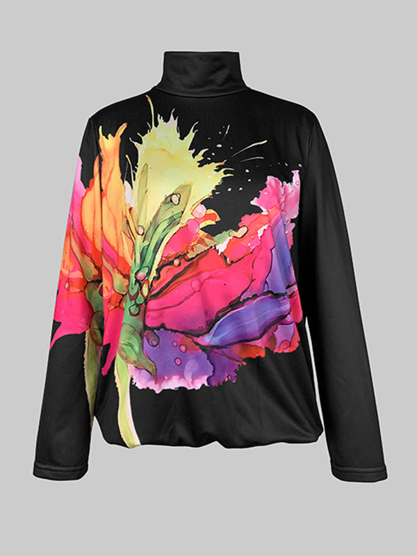 Long Sleeves Loose Flower Print Split-Joint High Neck Sweatshirt Tops