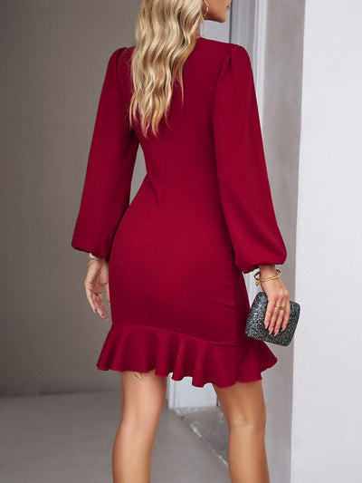 Bodycon Long Sleeves Falbala Solid Color Mini Dresses