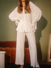 Flared Sleeves Long Sleeves Buttoned Drawstring Pleated Solid Color Split-Side Lapel Shirts Top + Pants Bottom Pajama Sets