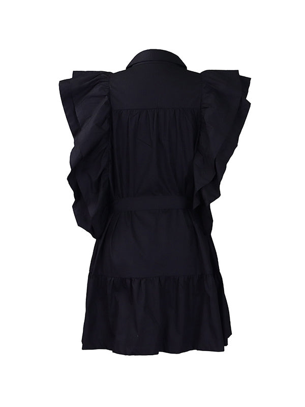 A-Line High Waisted Buttoned Pleated Ruffled Solid Color Tied Waist Lapel Mini Dresses