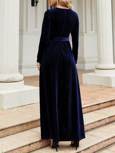 Long Sleeves Wrap Belted Pleated Solid Color Zipper Round-Neck Maxi Dresses