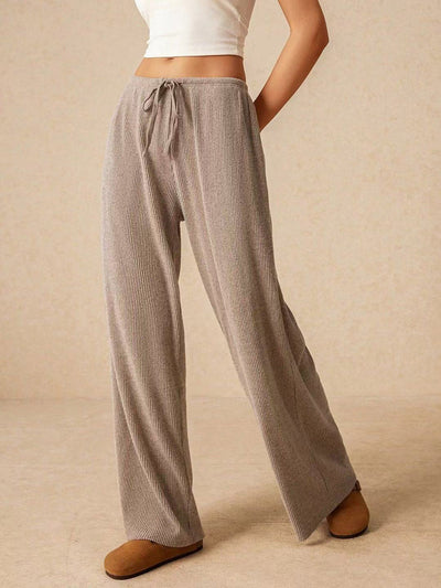 Elasticated Waist High Waisted Drawstring Solid Color Split-Joint Pants Trousers