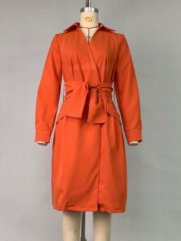 Long Sleeves Solid Color Tied Waist Deep V-Neck Mini Dresses