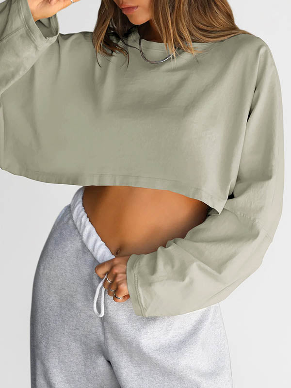 Long Sleeves Loose Solid Color Split-Joint Round-Neck Sweatshirt Tops