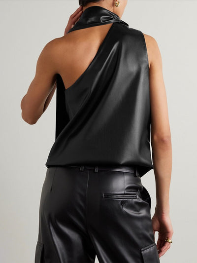 Sleeveless Asymmetric Solid Color High Neck Vest Top