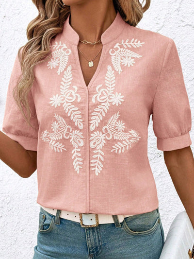 Loose Short Sleeves Flower-Embellished Contrast Color Split-Joint Stand Collar Blouses&Shirts Tops