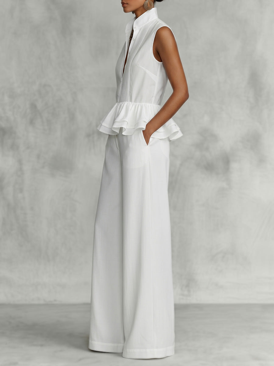 Sleeveless Stand Collar Buttoned Ruffled Peplum Blouses&Shirts Tops + Wide Leg Pockets Casual Pants Bottoms Two Pieces Set