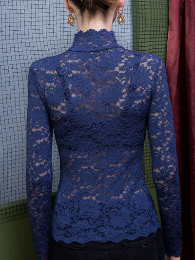 Long Sleeves Plus Size Gauze See-Through Split-Joint High Neck T-Shirts